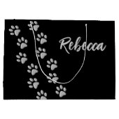 Silver Dog Paws zwarte achtergrond Afdrukpatroon Groot Cadeauzakje (Achterkant)