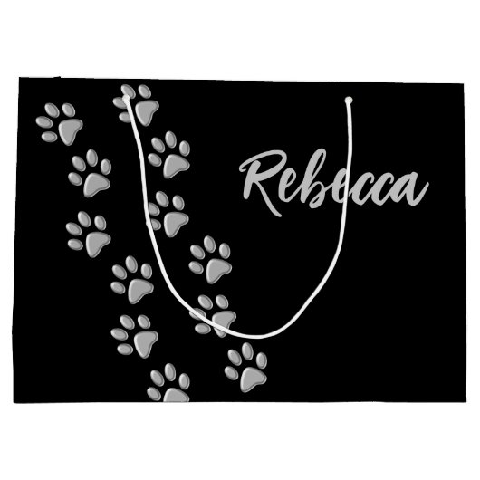 Silver Dog Paws zwarte achtergrond Afdrukpatroon Groot Cadeauzakje (Achterkant)