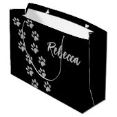 Silver Dog Paws zwarte achtergrond Afdrukpatroon Groot Cadeauzakje (Achterkant Gekanteld)