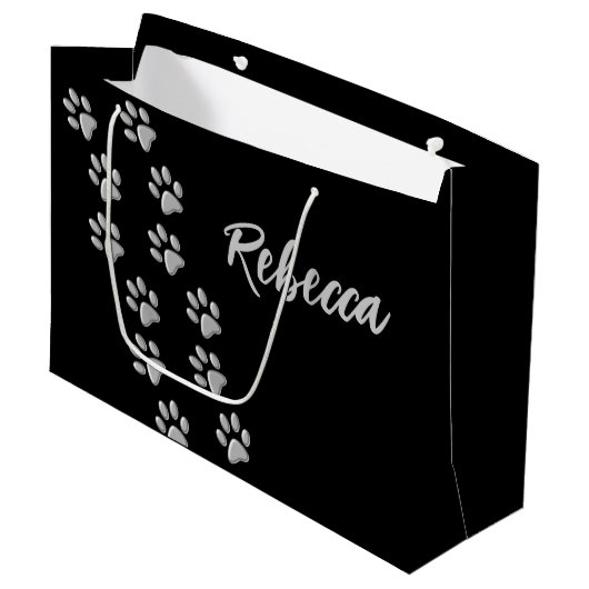 Silver Dog Paws zwarte achtergrond Afdrukpatroon Groot Cadeauzakje (Voorkant Gekanteld)