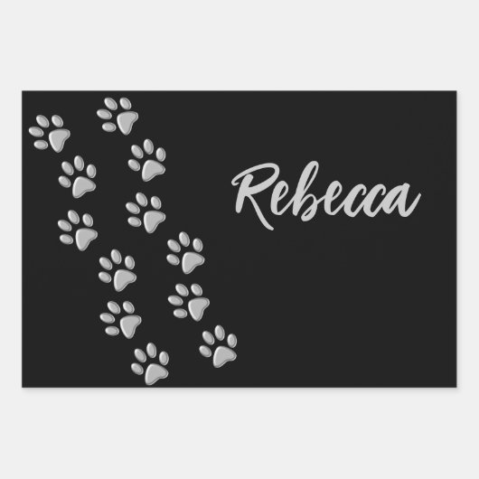 Silver Dog Paws zwarte achtergrond Afdrukpatroon Inpakpapier Vel (Voorkant)