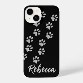 Silver Dog Paws zwarte achtergrond Afdrukpatroon iPhone 14 Hoesje