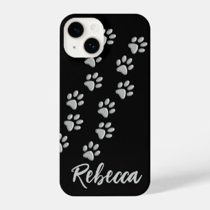 Silver Dog Paws zwarte achtergrond Afdrukpatroon iPhone 14 Hoesje