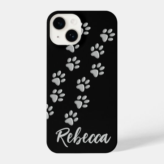 Silver Dog Paws zwarte achtergrond Afdrukpatroon iPhone Hoesje (Achterkant)