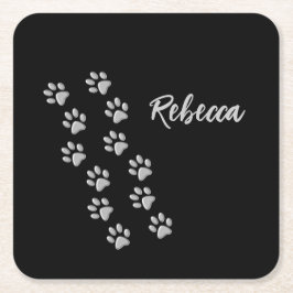 Silver Dog Paws zwarte achtergrond Afdrukpatroon Kartonnen Onderzetters