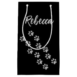 Silver Dog Paws zwarte achtergrond Afdrukpatroon Klein Cadeauzakje