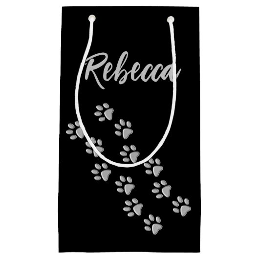 Silver Dog Paws zwarte achtergrond Afdrukpatroon Klein Cadeauzakje (Voorkant)