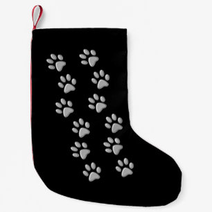Silver Dog Paws zwarte achtergrond Afdrukpatroon Kleine Kerstsok
