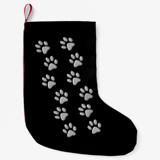 Silver Dog Paws zwarte achtergrond Afdrukpatroon Kleine Kerstsok (Voorkant)