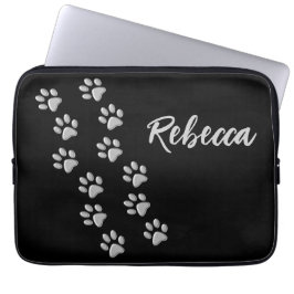 Silver Dog Paws zwarte achtergrond Afdrukpatroon Laptop Sleeve
