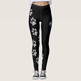 Silver Dog Paws zwarte achtergrond Afdrukpatroon Leggings