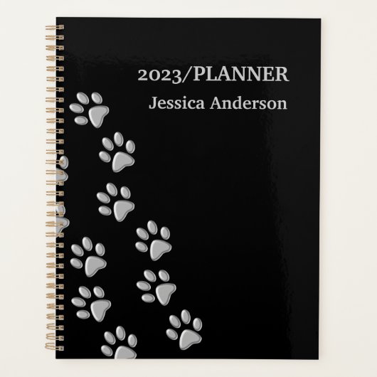 Silver Dog Paws zwarte achtergrond Afdrukpatroon Planner (Voorkant)
