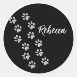 Silver Dog Paws zwarte achtergrond Afdrukpatroon Ronde Sticker