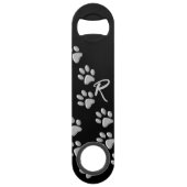 Silver Dog Paws zwarte achtergrond Afdrukpatroon Speed Flessenopener (Achterkant)