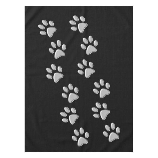 Silver Dog Paws zwarte achtergrond Afdrukpatroon Tafelkleed (Voorkant)