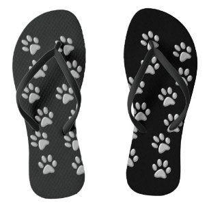 Silver Dog Paws zwarte achtergrond Afdrukpatroon Teenslippers