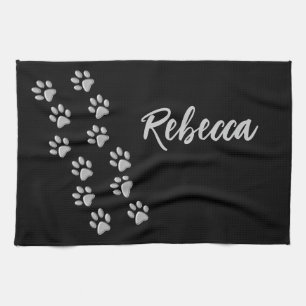 Silver Dog Paws zwarte achtergrond Afdrukpatroon Theedoek