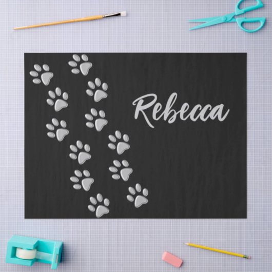 Silver Dog Paws zwarte achtergrond Afdrukpatroon Tissuepapier (Craft)