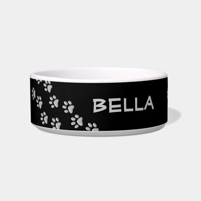 Silver Dog Paws zwarte achtergrond Afdrukpatroon Voerbakje (Voorkant)