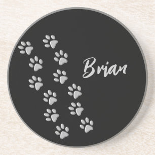 Silver Dog Paws zwarte achtergrond Afdrukpatroon Zandsteen Onderzetter