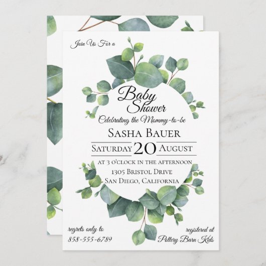 Silver Dollar Eucalyptus Baby shower Invitation Kaart (Voorkant / Achterkant)
