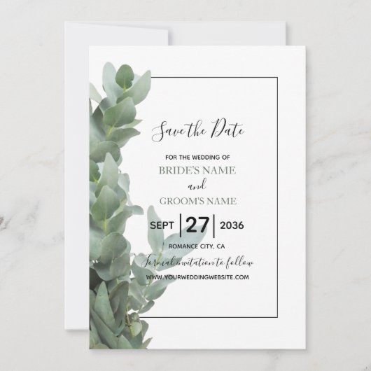 Silver Dollar Eucalyptus Weddenschap bespaart datu Save The Date (Voorkant)