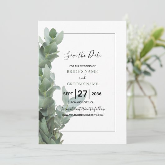 Silver Dollar Eucalyptus Weddenschap bespaart datu Save The Date (Staand voorkant)