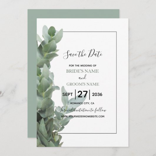 Silver Dollar Eucalyptus Weddenschap bespaart datu Save The Date (Voorkant / Achterkant)