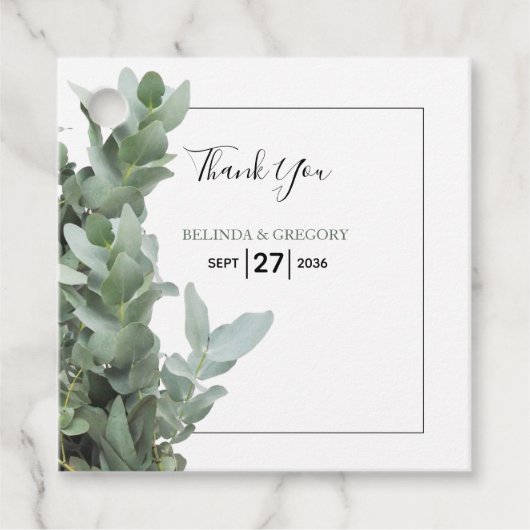 Silver Dollar Eucalyptus Weddenschap Gift Bedankjes Labels (Voorkant)