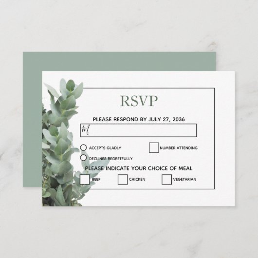 Silver Dollar Eucalyptus Weddenschap RSVP-kaarten RSVP Kaartje (Voorkant / Achterkant)