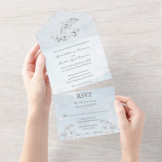 Silver Dolphin All in One Wedding Invite All In One Uitnodiging (Afscheurbaar)