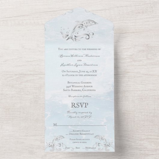 Silver Dolphin All in One Wedding Invite All In One Uitnodiging (Binnen)