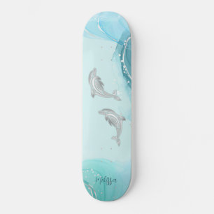 Silver Dolphins Wave Coastal Jouw naam Persoonlijk Skateboard