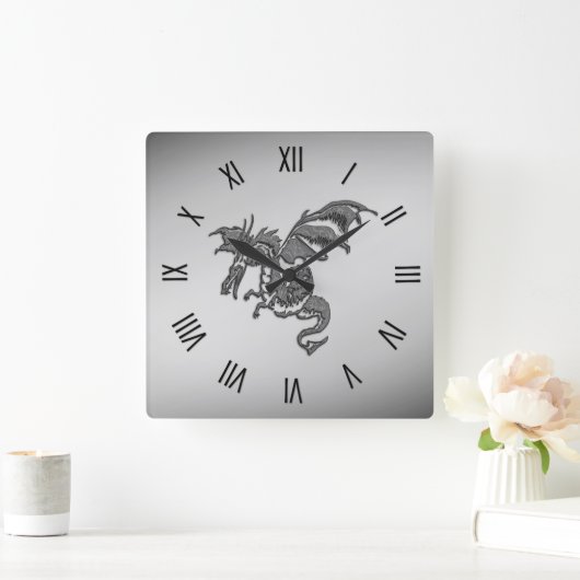 Silver Dragon Roman Numerals Vierkante Klok (Huis)