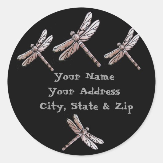 Silver Dragonflies op zwart adres stickers (Voorkant)