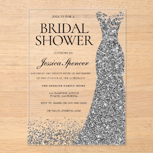 Silver Dress Elegance Vrijgezellenfeest Acryl Uitnodigingen (Voorkant)