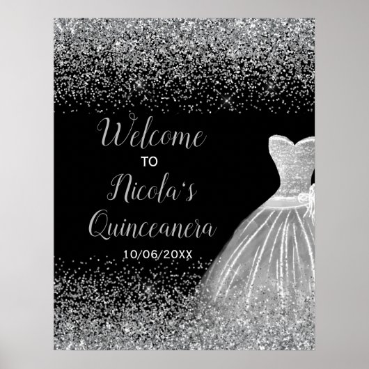 Silver Dress Faux Glitter Quinceanera Welkom Poster (Voorkant)