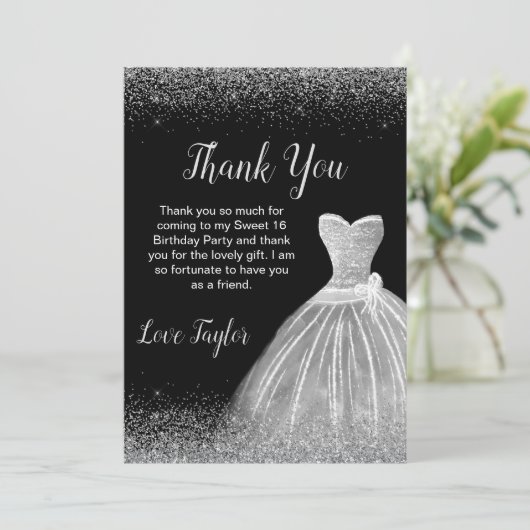 Silver Dress Faux Glitter Sweet 16 Birthday Bedankkaart (Staand voorkant)