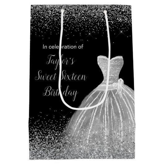 Silver Dress Faux Glitter Sweet 16 Birthday Medium Cadeauzakje (Achterkant)