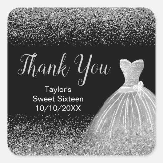 Silver Dress Faux Glitter Sweet 16 Birthday Vierkante Sticker (Voorkant)