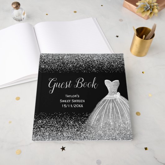 Silver Dress Faux Glitter Sweet 16  Gastenboek (Voorkant open)