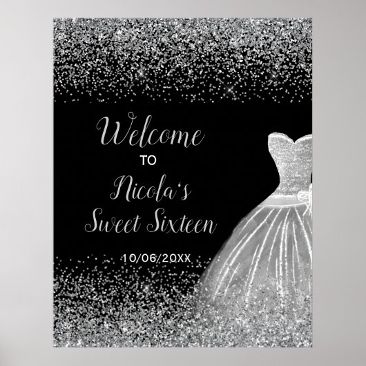 Silver Dress Faux Glitter Sweet 16 Welkom Poster (Voorkant)