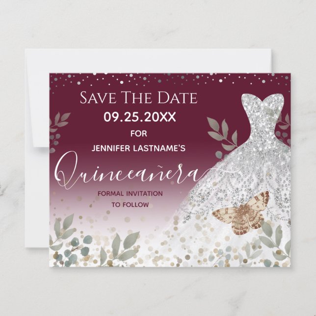 Silver Dress Floral Quinceanera Save the Date (Voorkant)