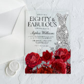 Silver Dress Gown Red Roses 80th Birthday Party Acryl Uitnodigingen