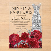 Silver Dress Gown Red Roses 90th Birthday Party Acryl Uitnodigingen (Voorkant)