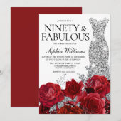 Silver Dress Gown Red Roses 90th Birthday Party Kaart (Voorkant / Achterkant)