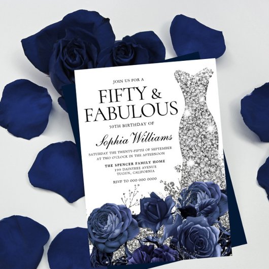 Silver Dress Navy 50 & Fabulous 50th Birthday Kaart