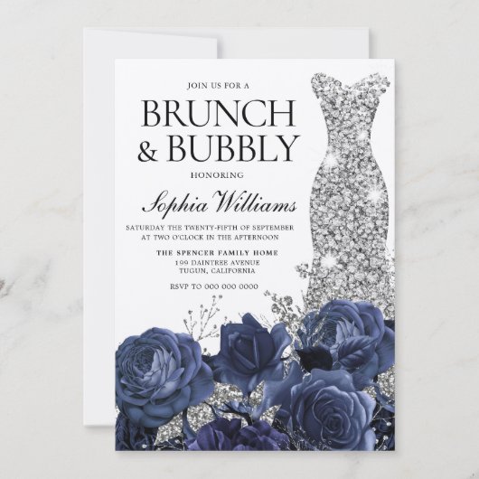 Silver Dress Navy Brunch & Bubble Vrijgezellenfees Kaart (Voorkant)