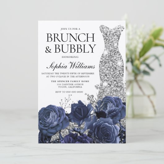 Silver Dress Navy Brunch & Bubble Vrijgezellenfees Kaart (Staand voorkant)