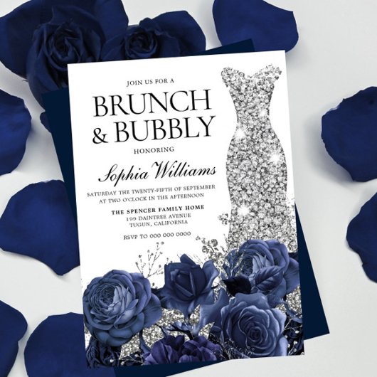 Silver Dress Navy Brunch & Bubble Vrijgezellenfees Kaart
